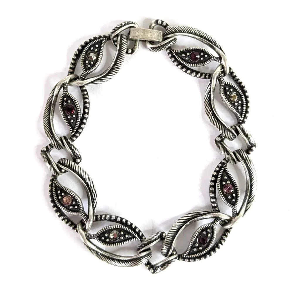 Marquise Eye Shaped Silver Tone Textured Link Bracelet Marcasite Style 6.5